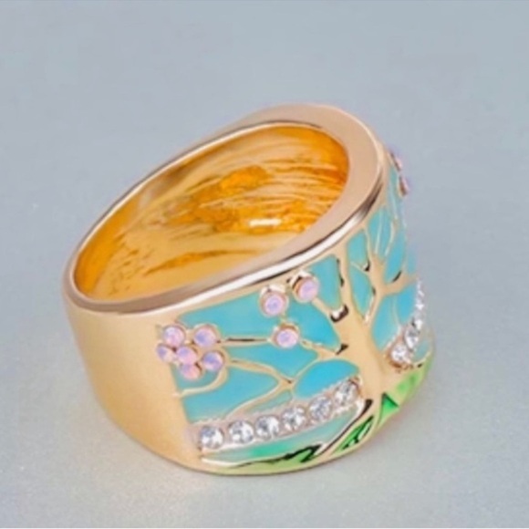 NIB 18k Gold Fire Opal and enamel tree of life Cherry blossom ring - Picture 11 of 16